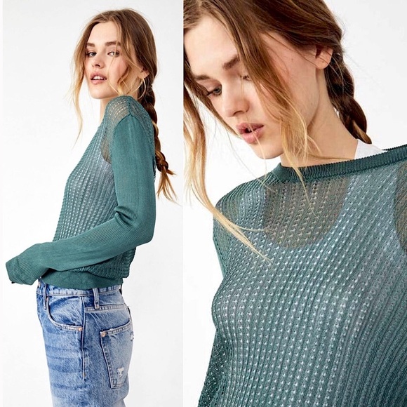 NWT Free People H2O Crew Pullover Open Stitch Knit Top Green Medium OB1505557 - Picture 4 of 11
